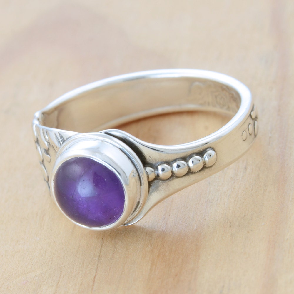 Spoon Ring with Amethyst and Green Man Face, Upcycled Sterling Silver, Size 9