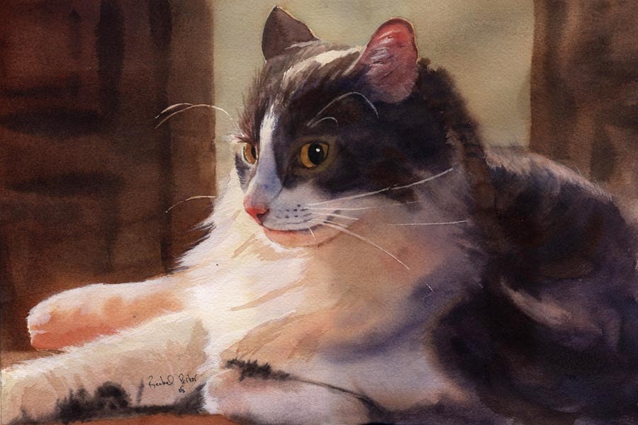 White Grey Gray Tabby Cat Art Print of my watercolor painting