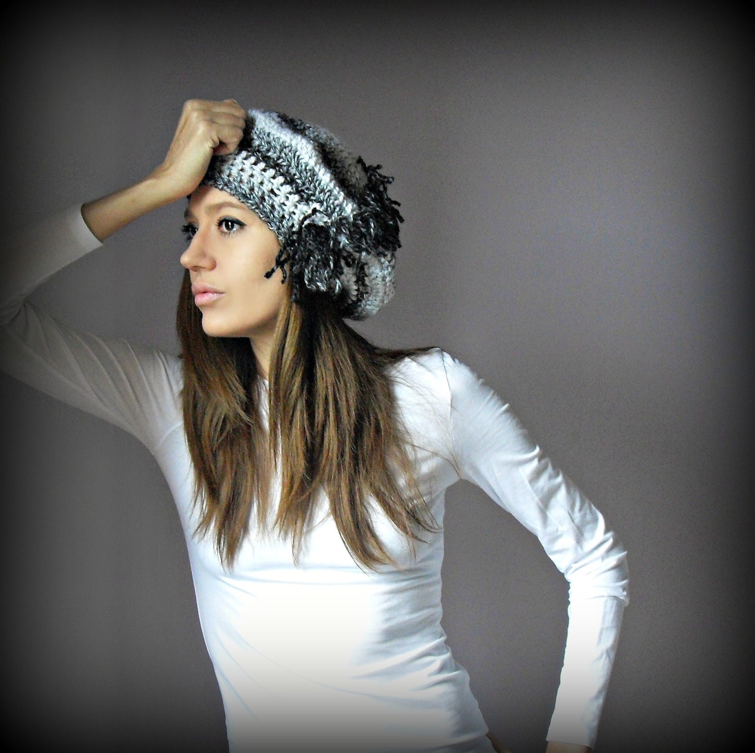 HandCrochet Beret Beanie Cloche with Fringes - Black Grey Gray White