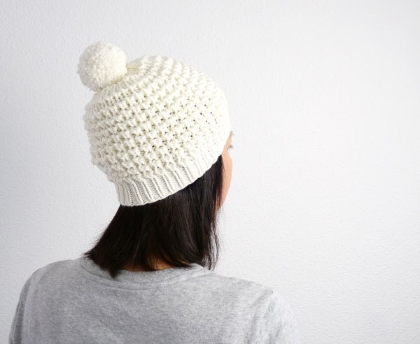 Emma Hand Knit PomPom Snow and Ski Lace Hat in Porcelain Cream Merino Wool. Spring and Winter Fashion. Handmade in France.