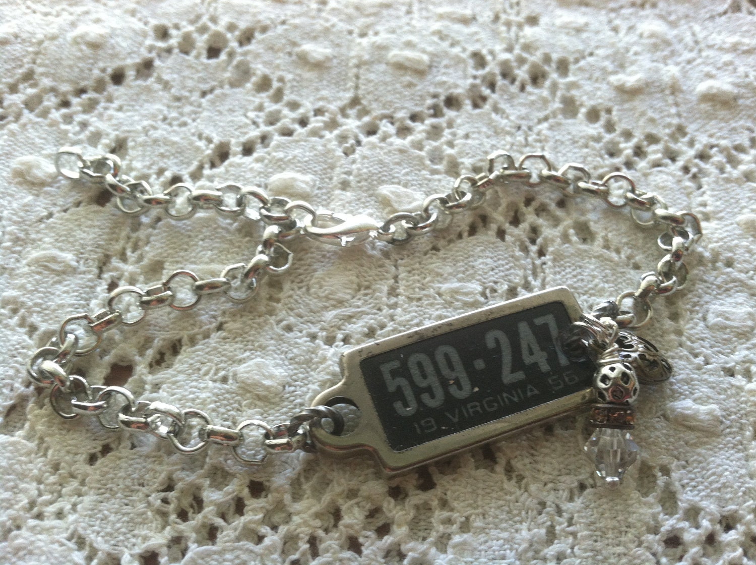 Virginia Road Trip Bracelet - Vintage Mini License Plate Tag from 1956 with Heart Charm - 599-247