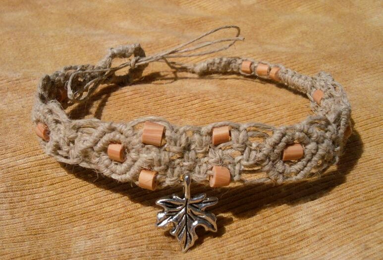 hand knotted hemp anklet with handmade polymer clay tube beads