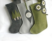 Christmas stockings in gray / grey silver , moss / sage green , charcoal and ivory eco friendly felt - set of 3 - rikrak