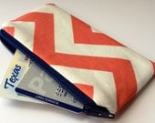Zippered Coin Purse Wallet - Fabric Business Card Holder - Coral Chevron Stripes