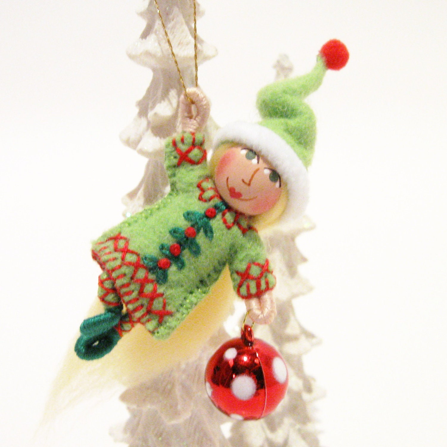 Christmas Ornament, Girl Elf, Hand Embroidered, Handmade