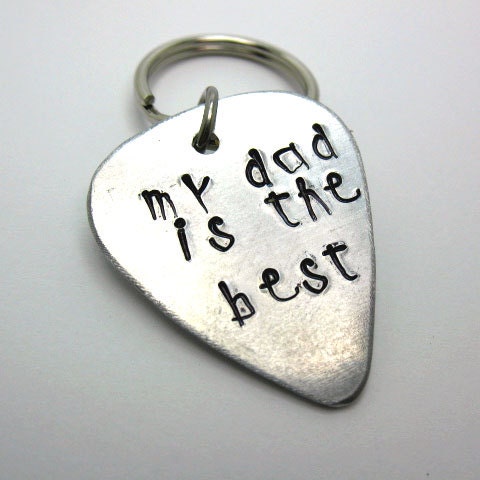 Hand Stamped Dad is Best Keychain - Guitar Pick Hand Stamped Aluminum, Lightweight