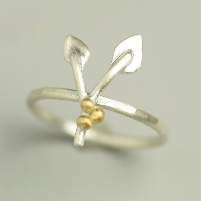Argentium Sterling Twig Ring Dotted with 18 karat gold