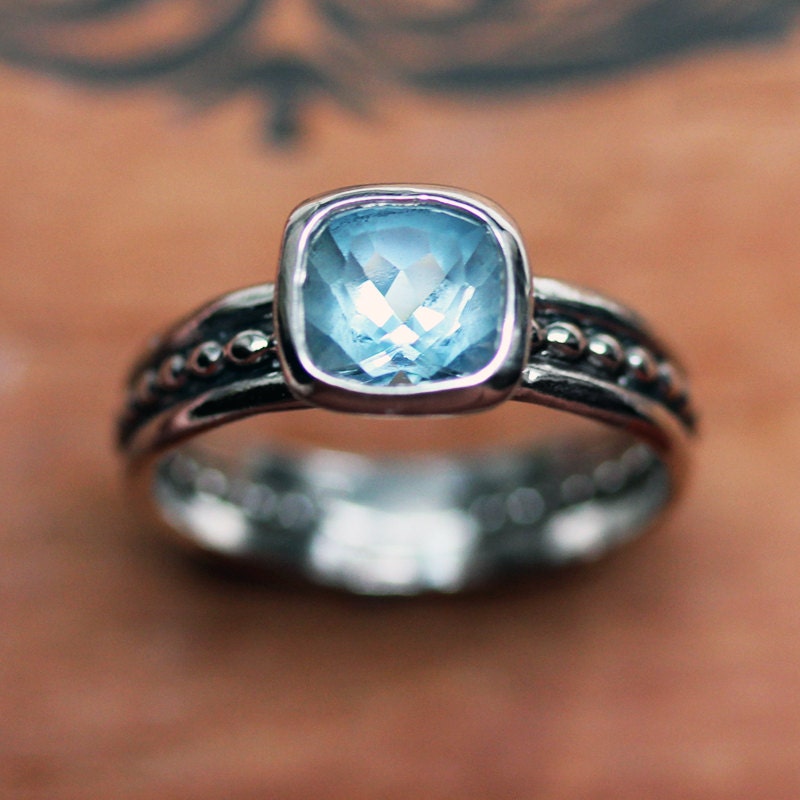 Sterling silver aquamarine ring - engagement ring - cushion solitaire - oxidized - March birthstone - recycled - Blue Crush ring