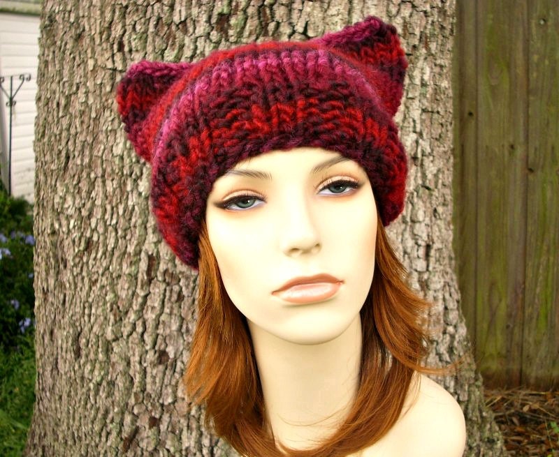 Hand Knit Hat Womens Hat - Cat Beanie Hat in Oxblood Wine Stripes