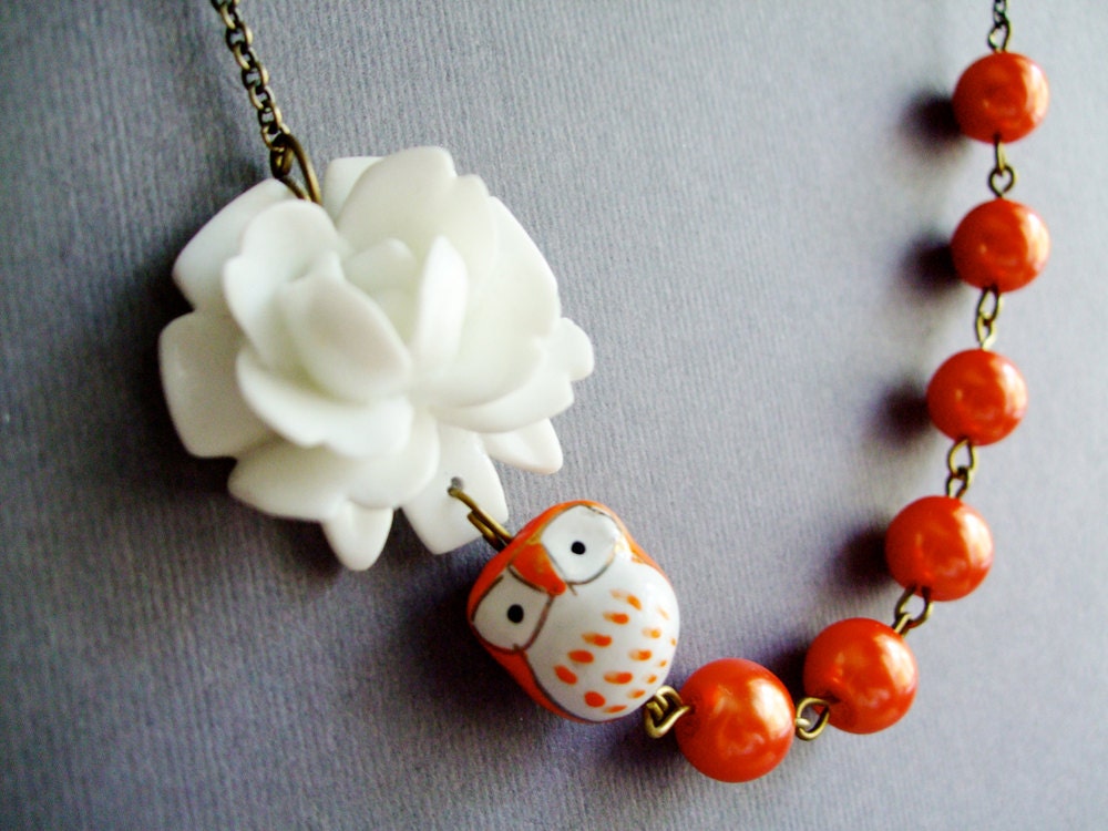 Owl Necklace,Owl Jewelry,Burnt Orange Jewelry,Flower Necklace,Bridesmaid Necklace,Woodland Jewelry (Free matching earrings)