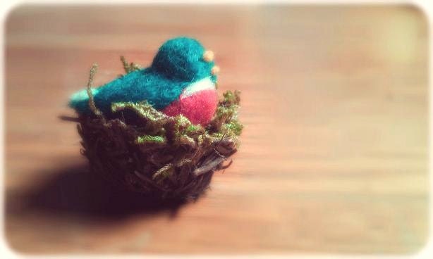 Mini Felted Bluebird Mama and Baby In Nest