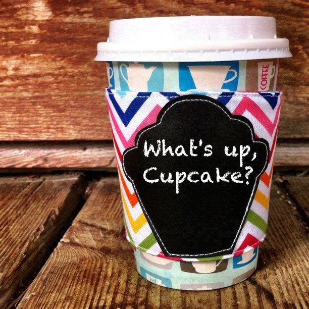 Reusable Rainbow Chevron Coffee Sleeve w/ Chalkboard Cupcake