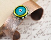 Turquoise Etched Copper Bracelet / Lampwork Glass Disc Bracelet / Adjustable Cuff / Valentine Gift /Modern Style