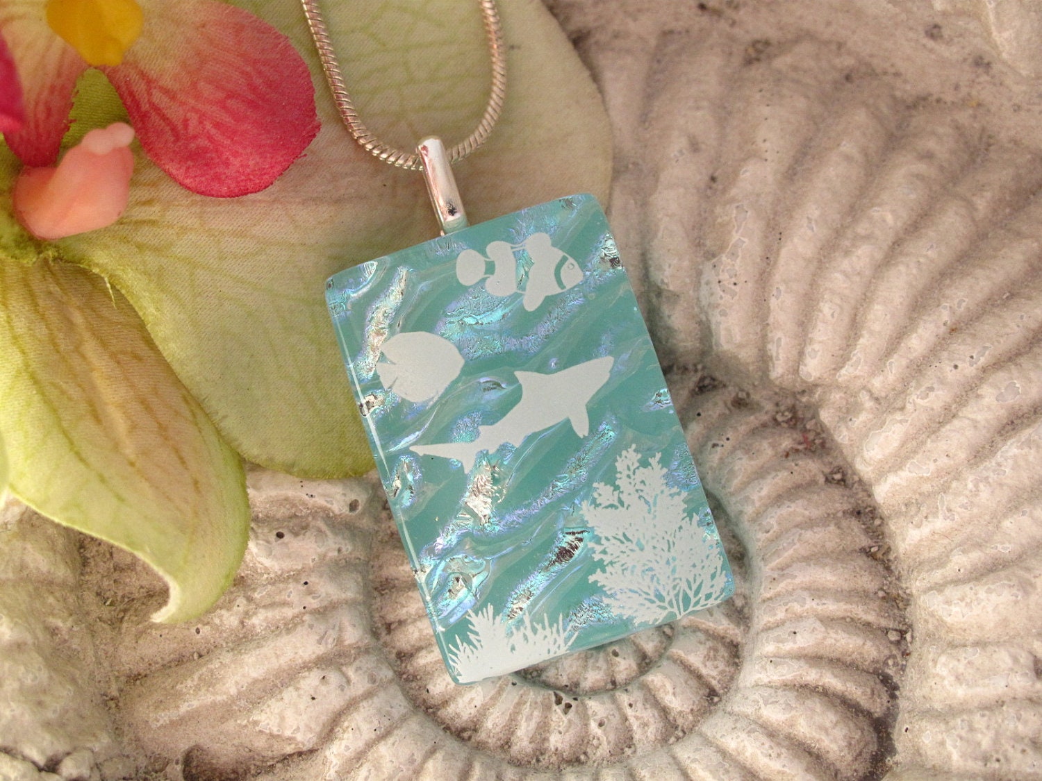 Ocean Necklace - Dichroic Jewelry - Dichroic Fused Glass Jewelry -  Necklace - Fish- Seal Life- Oceanography  112212p107