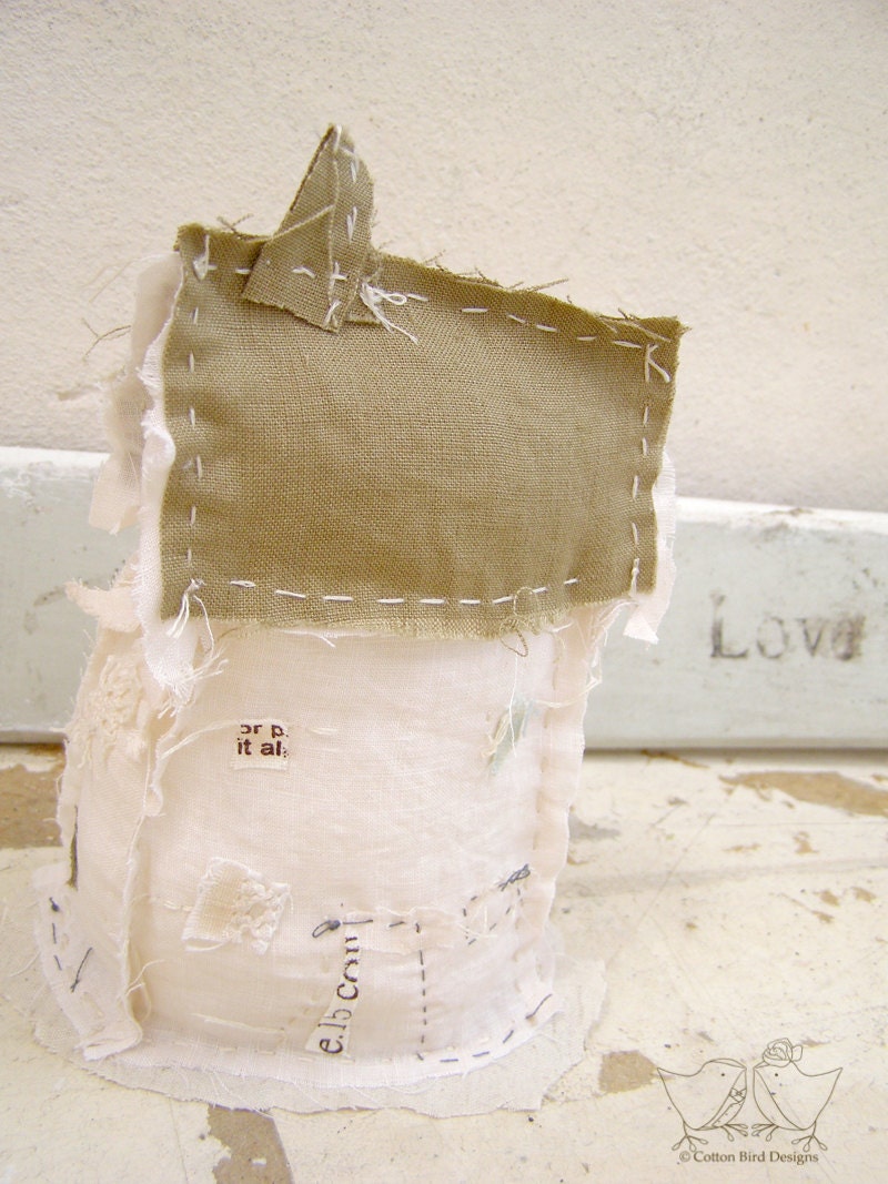 Fabric Linen House Soft Sculpture  Mossy Cottage Folk Artwork  Nursery Decor Home Decor New Home