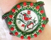 Beaded/Beadwoven Bracelet Green & Red Bird Single Distlefink Nest Cuff . Pennsylvania hex .Valentine - Nestling by enchantedbeads on Etsy