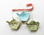 Teapot Ornaments, French Words, Bonjour and Mon Ami, Soft Green and Blue