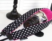 PreOrder camera strap padded black white dots and hot pink WITH lens cap pocket-Snugglens