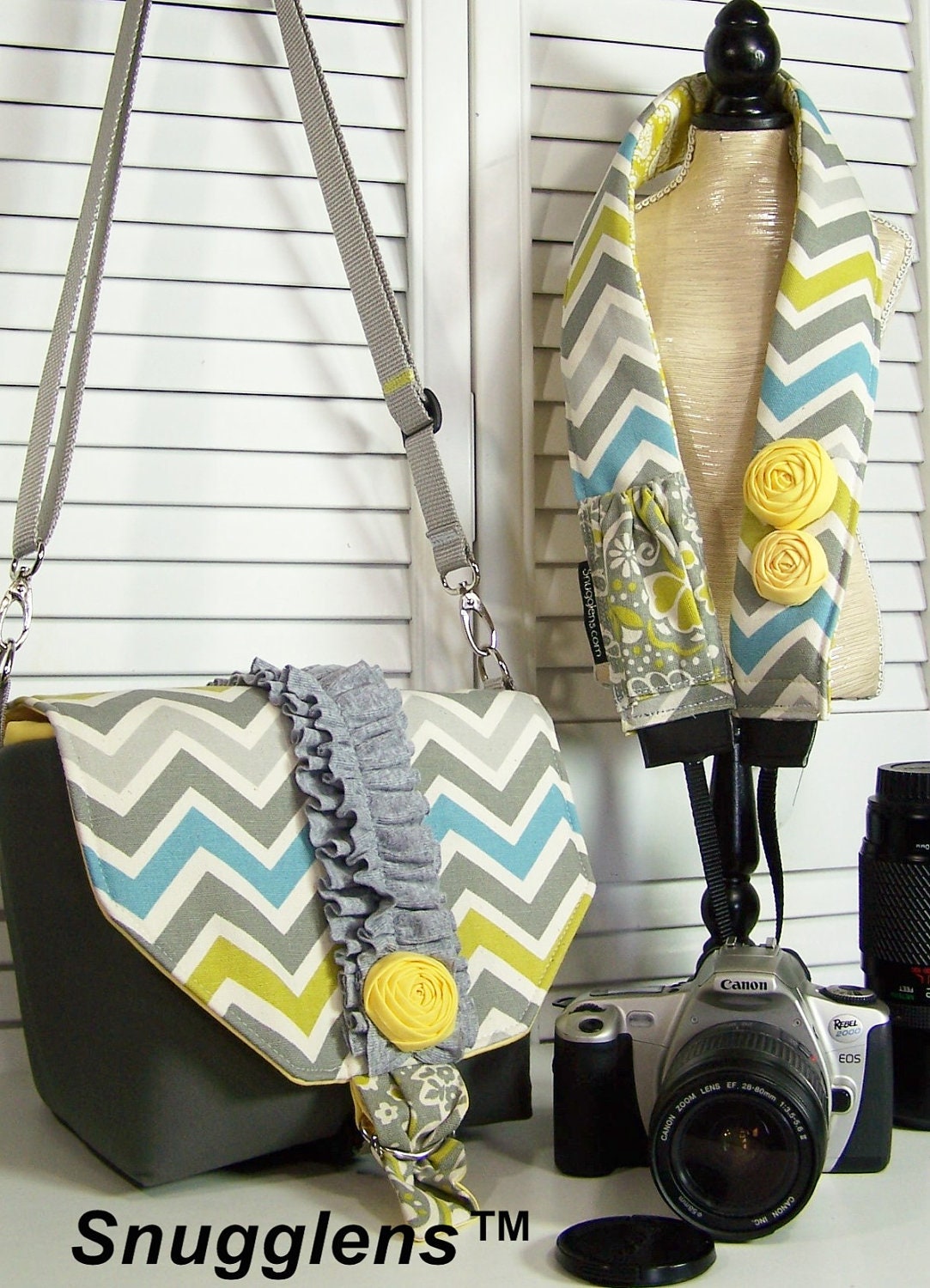 PreOrder Camera Bag  Purse insert MINI gray-yellow-chevron-ruffles and rosette-Includes camera strap w/lens cap pkt-Snugglens
