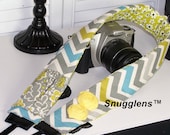Dslr camera strap padded - lens cap pocket-chevron-gray -yellow-aqua---by SNUGGLENS