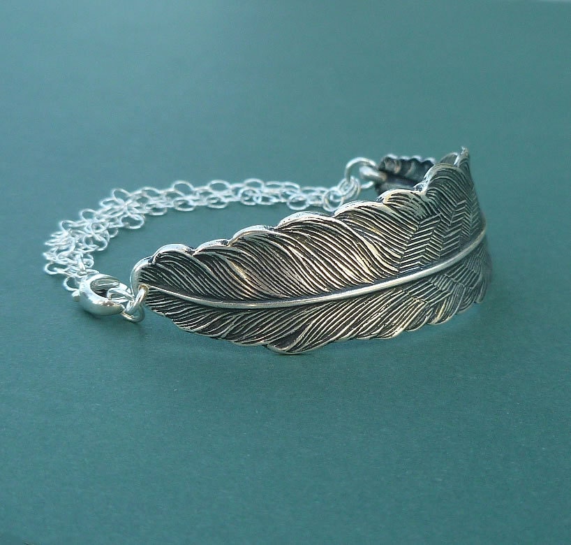 silver feather bracelet cuff sterling silver chain