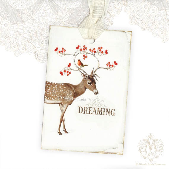 Deer dreaming gift tags, Woodland, White Christmas, Red Berries, Robin, Christmas holiday gift tags