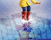 Puddle, Rain Boots, San Francisco, Rainy Painting, Rainy Day, Rain Coat - "Puddle Pounce" - Art Print 13x19