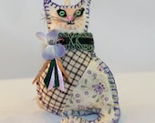 Tiny - Pretty Kitty in lavender and sage- Calico Kitty Cat Quilty Critter