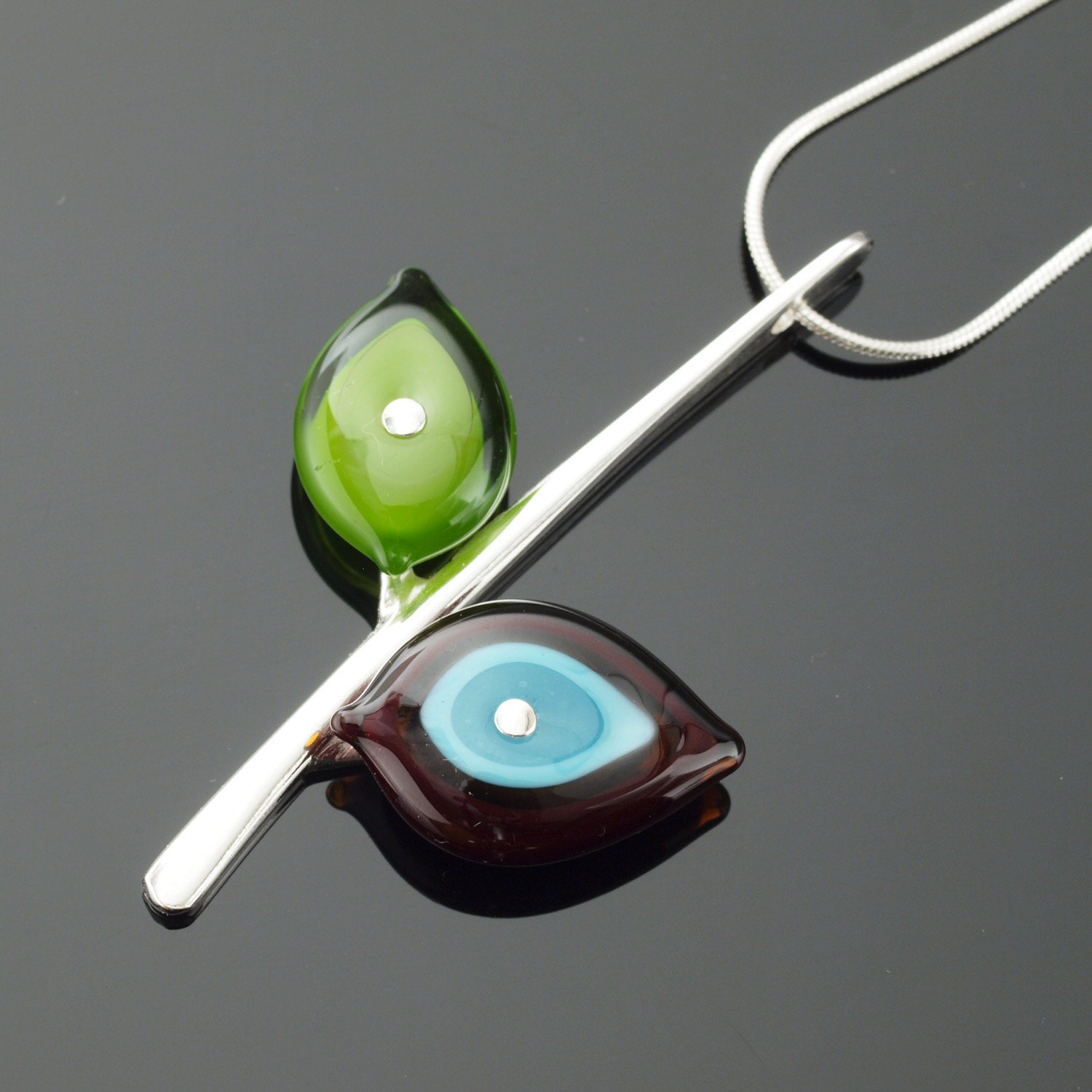 Glass Leaf Necklace - Tiny Double Leaf in Brown Turquoise and Green - Ready to ship