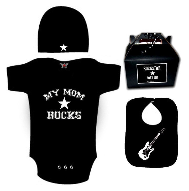 My Mom Rocks GIFT SET romper one piece layette hat bibs UNISEX black white Punk Rock Rockstar
