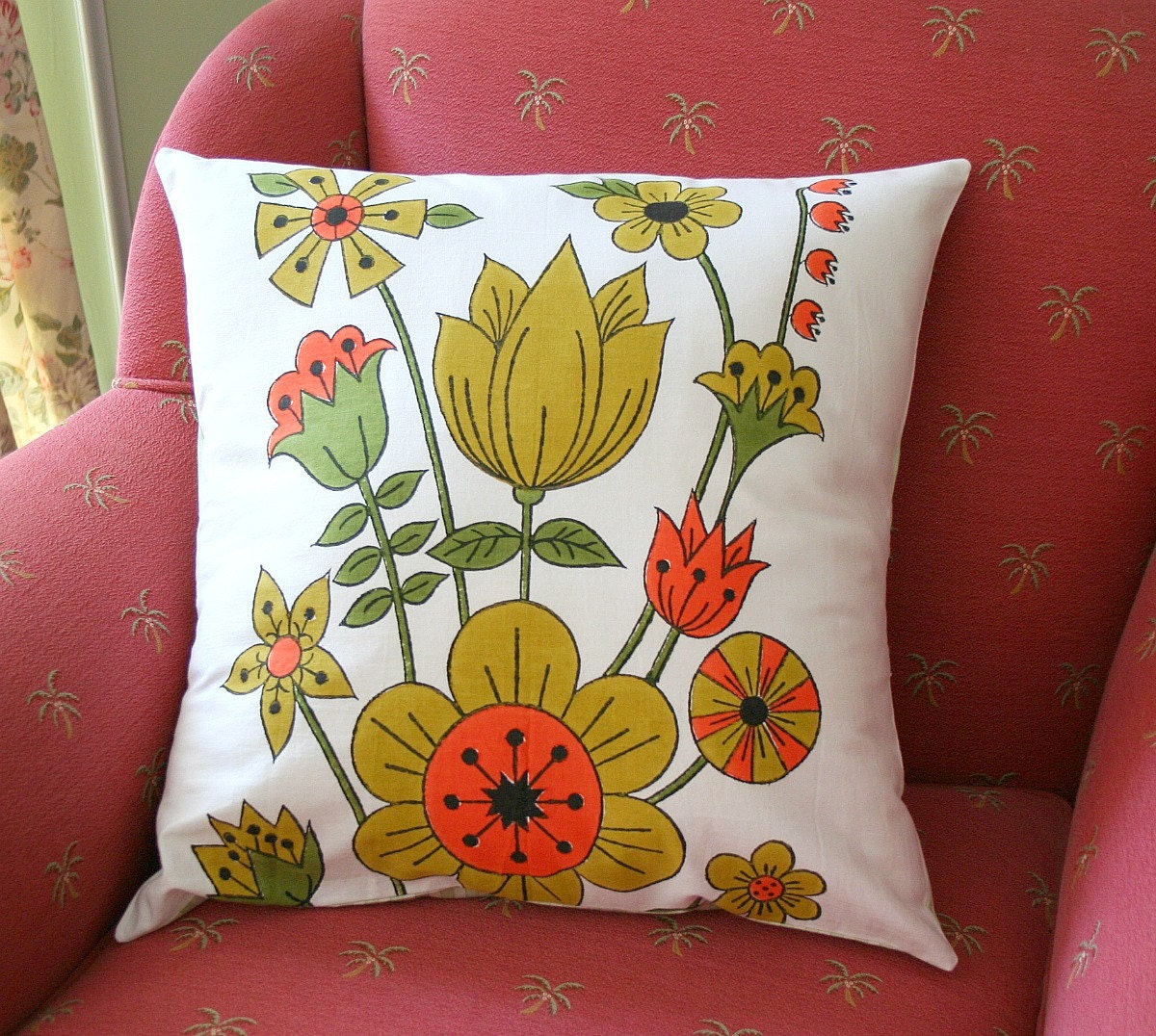 Vintage Cotton Mod Flowers Pillow Cover FREE Shipping