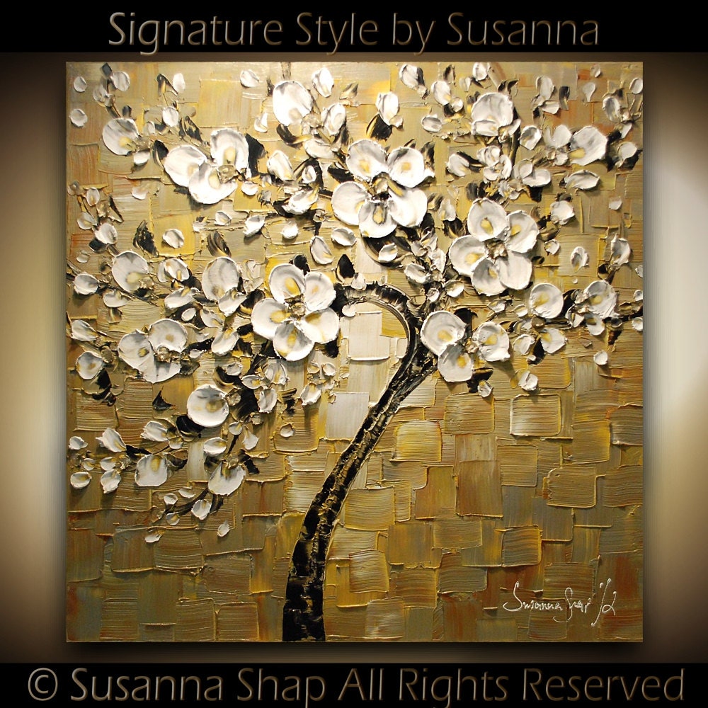 ORIGINAL Large Square Abstract Contemporary White Cherry Blossom Tree Oil Painting Thick Texture Gallery Fine Art Ready to Hang 30x30