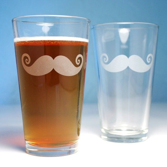 2 Mustache Pint Glasses - mustache wedding party favors