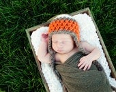 Baby Hats, Boy, Orange and Brown Earflap Hat with Braids, Newborn, Photo Prop, Photo Prop Boys