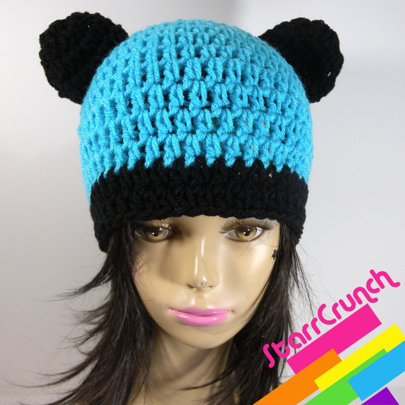Panda Bear Hat Crochet Beanie with Ears in Blue and Black - Ready to SHIP in Medium
