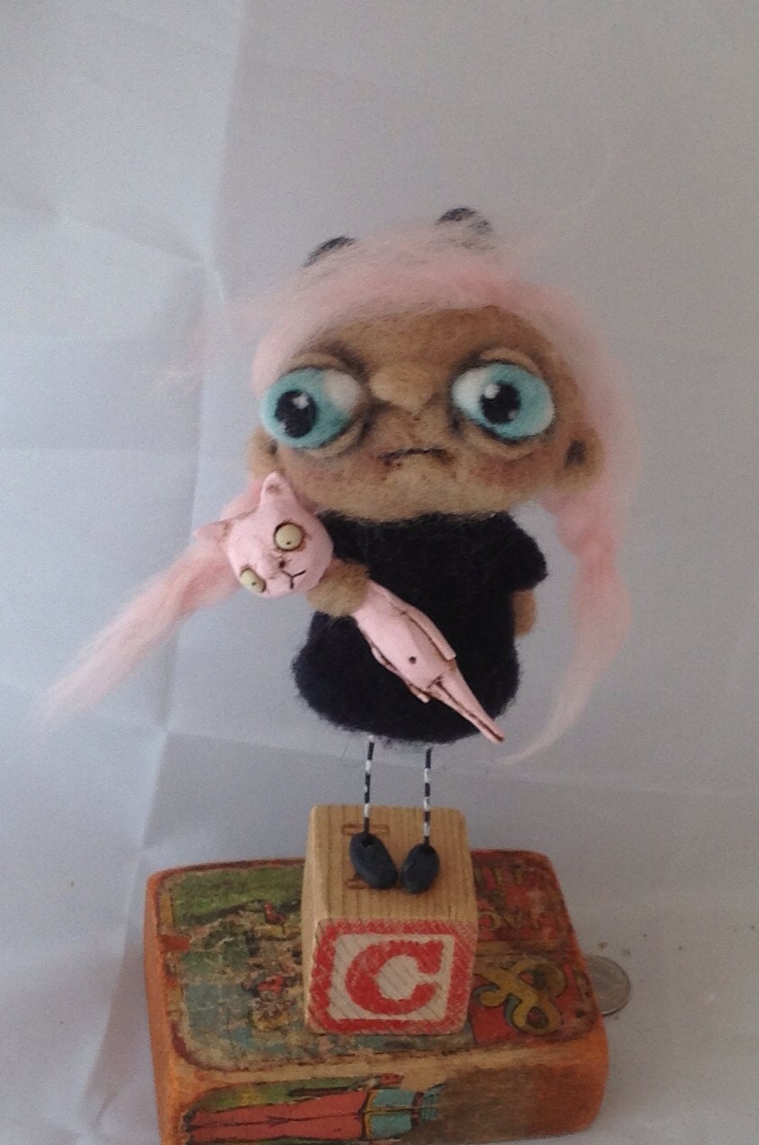Penelope and her pink cat ooak art doll