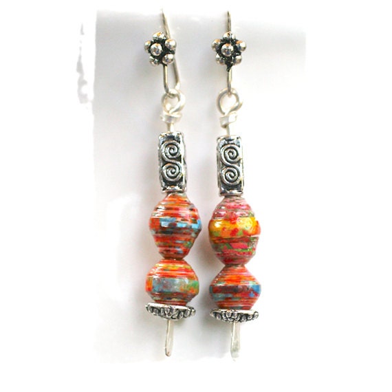 dangle stick earrings, beautiful paper beads, pewter beads