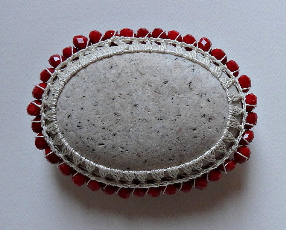 RESERVED  Art, Mixed Media, Original, Tribal, Crochet Stone, Handmade, Beige Thread with Red Crystals, Table Decorations