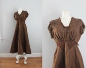 antique Edwardian brown soutache beaded fringe gown XXS