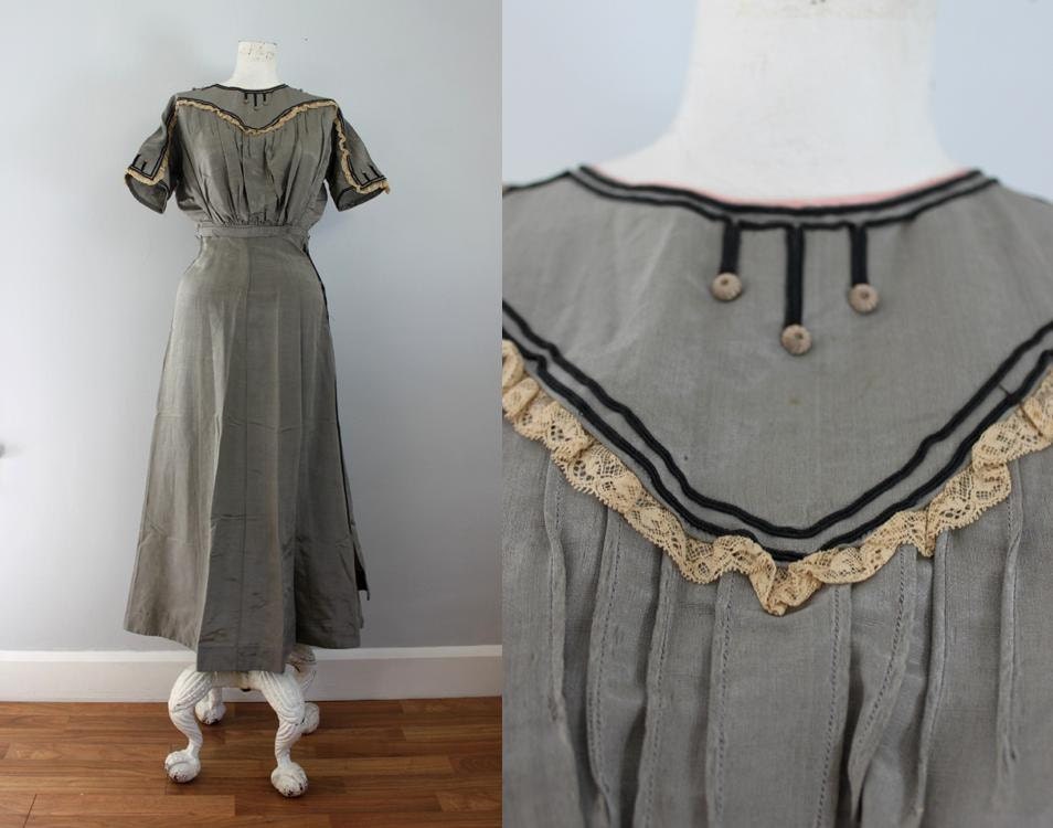 antique Victorian gray 2 piece dress outfit / lace & soutache XS