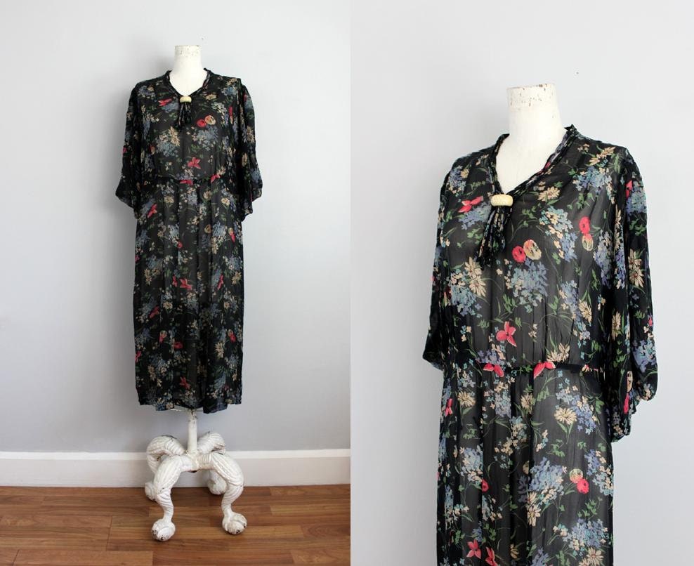 1930s NIGHTTOWN black & floral sheer organdy dress / Bakelite necktie M