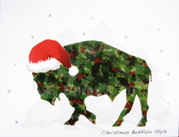 Holly Buffalo in Santa Hat  -  Blank Christmas Holiday Note Cards - SET of 2 - SilentMyloStudio