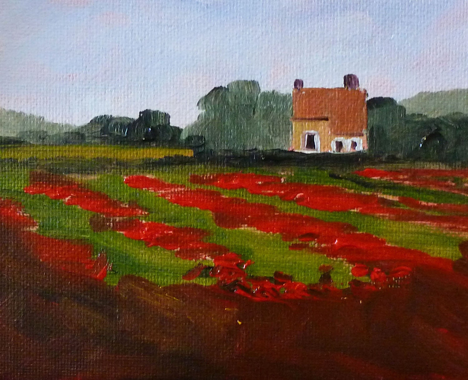 Small Landscape, Tulip Field, Original Oil Painting on Canvas, Country House, 4x5, Miniature Wall Decor, Red Tulips