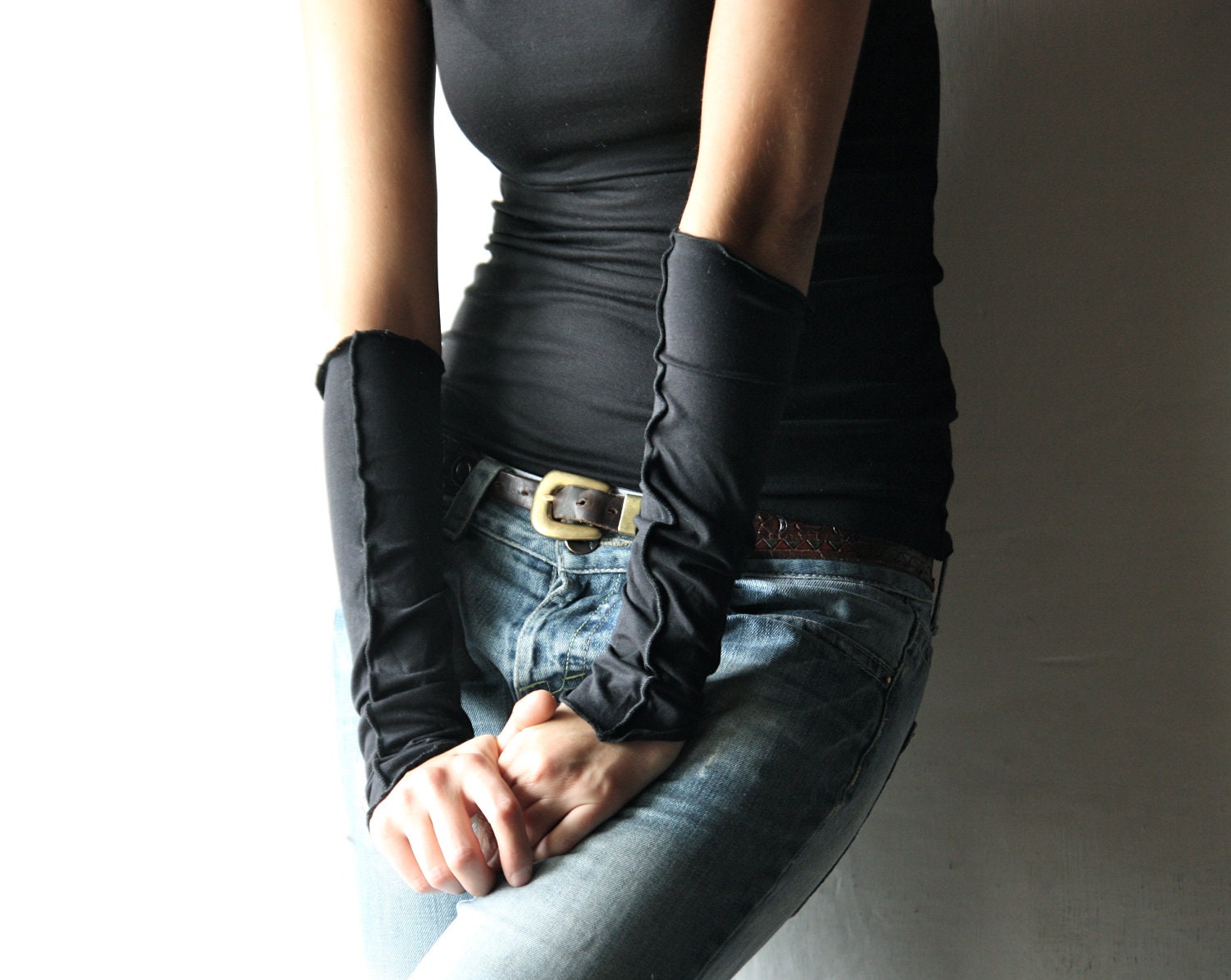 Fingerless Gloves - jersey arm warmer cuffs in Black - Dragon gothic gloves