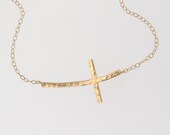New - CURVED Sideways Cross Necklace, 14K Gold Filled OR Sterling Silver, Long and Sleek Kelly Ripa Cross