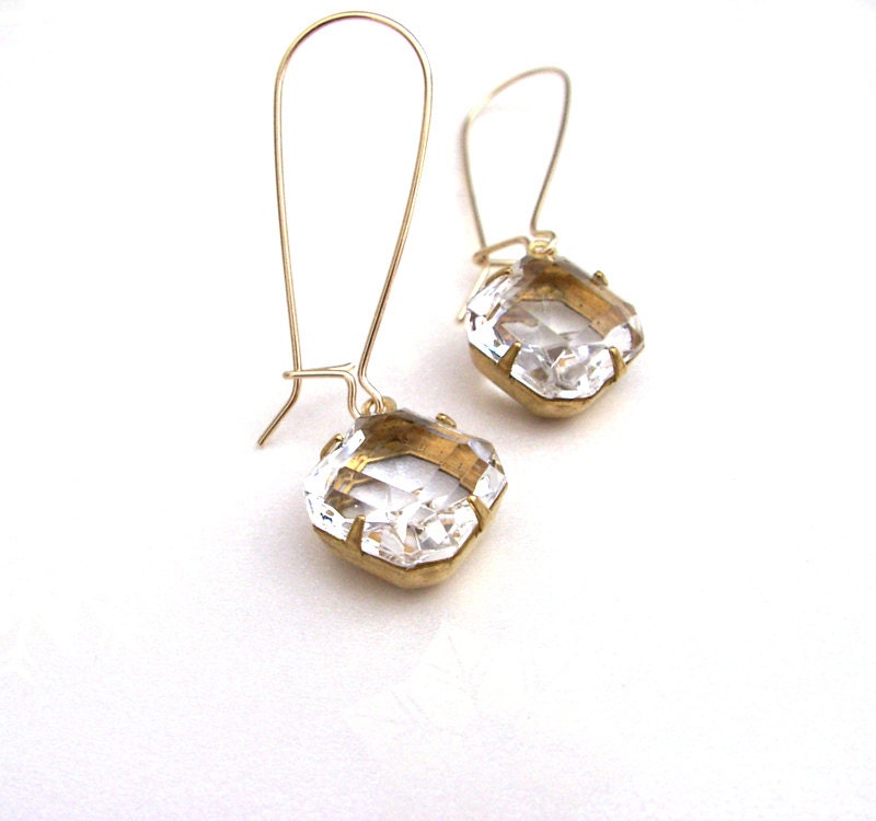 Emerald Cut Vintage Jewels, Ice Block Earrings, 14K Gold Fill Kidney Ear Wires