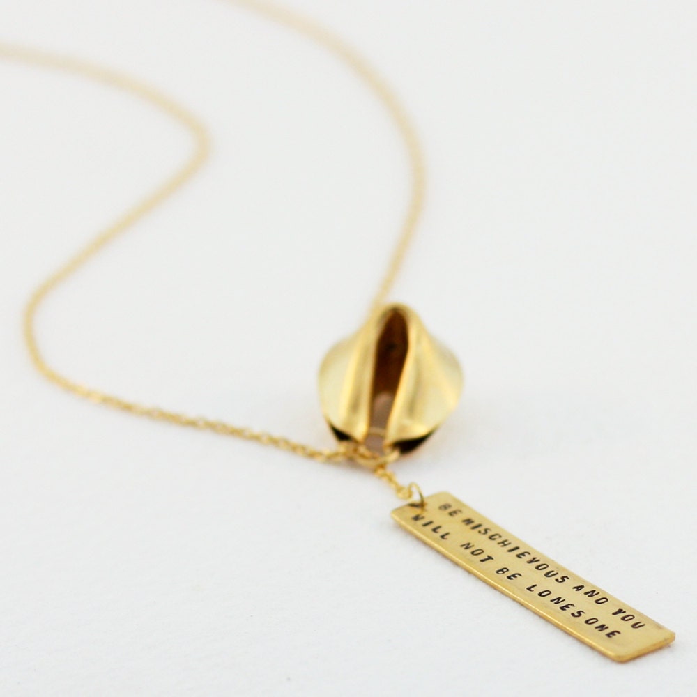 be mischievous and you will not be lonesome - 20" 18k gold vermeil fortune cookie lariat with fortune message in front