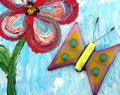 3D Mixed Media Painting / Expressionism Art / Impasto / Original Acrylic Painting with Fused Glass Butterfly Magnet - Happy Flowers no. 3