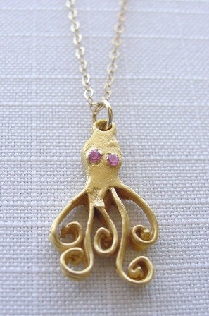 Octopus - 24 k gold vermeil Pink Tourmaline - Solstice Jewelry LTD