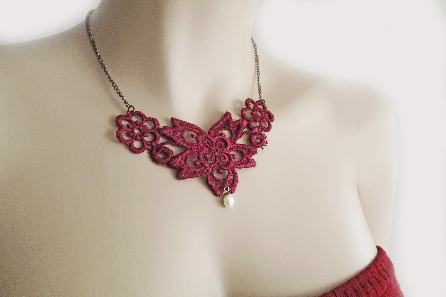 Indian Red Lace Necklace, Bridesmaids Bib Necklace with Pearl, Lace Necklace with Pearll under 25